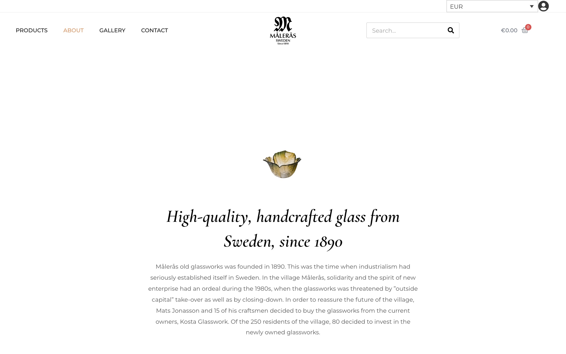 About page: high-quality, handcrafted glass from Sweden, since 1890.