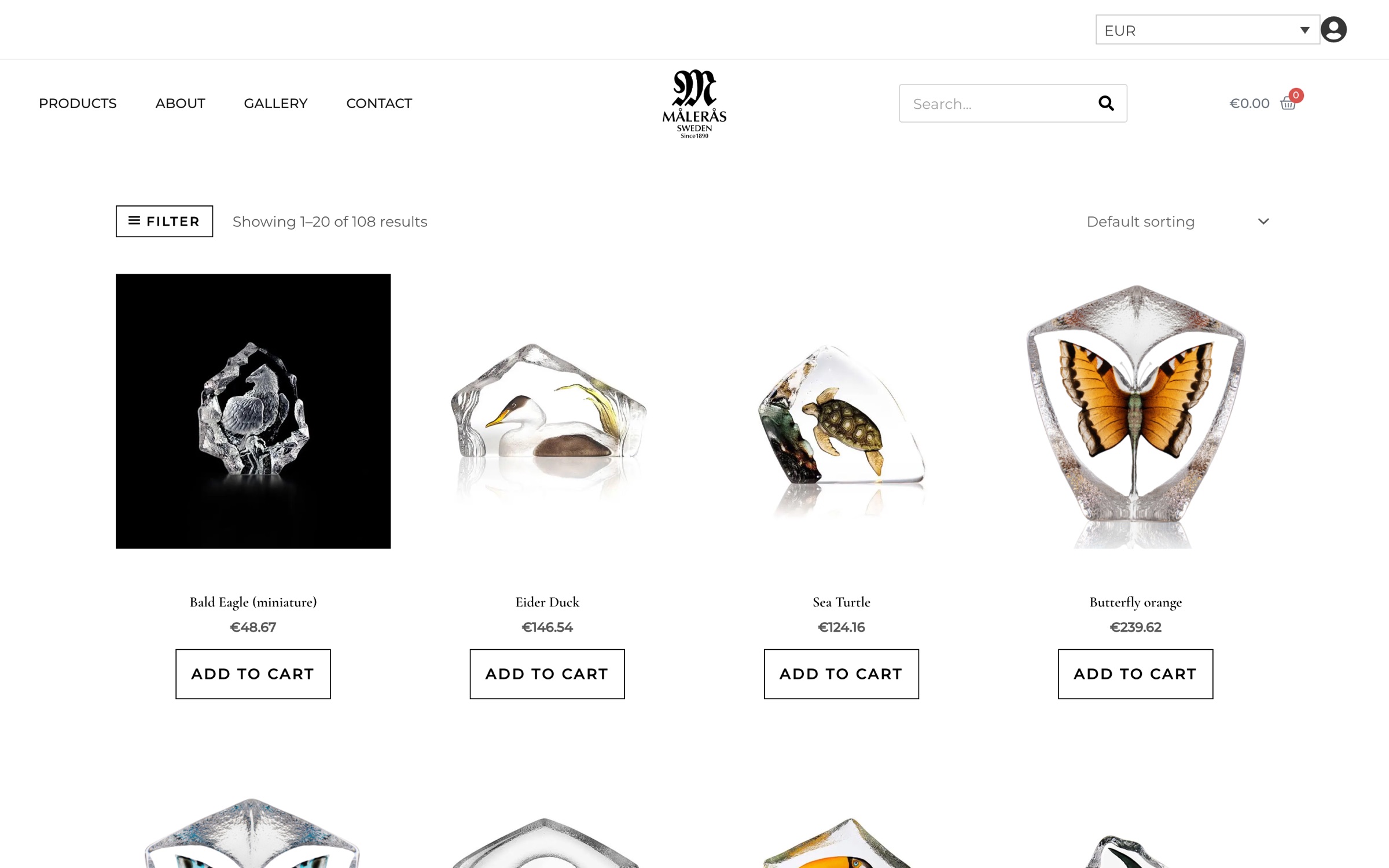 The Wildlife collection page showing glass animal sculptures on clean white ground.