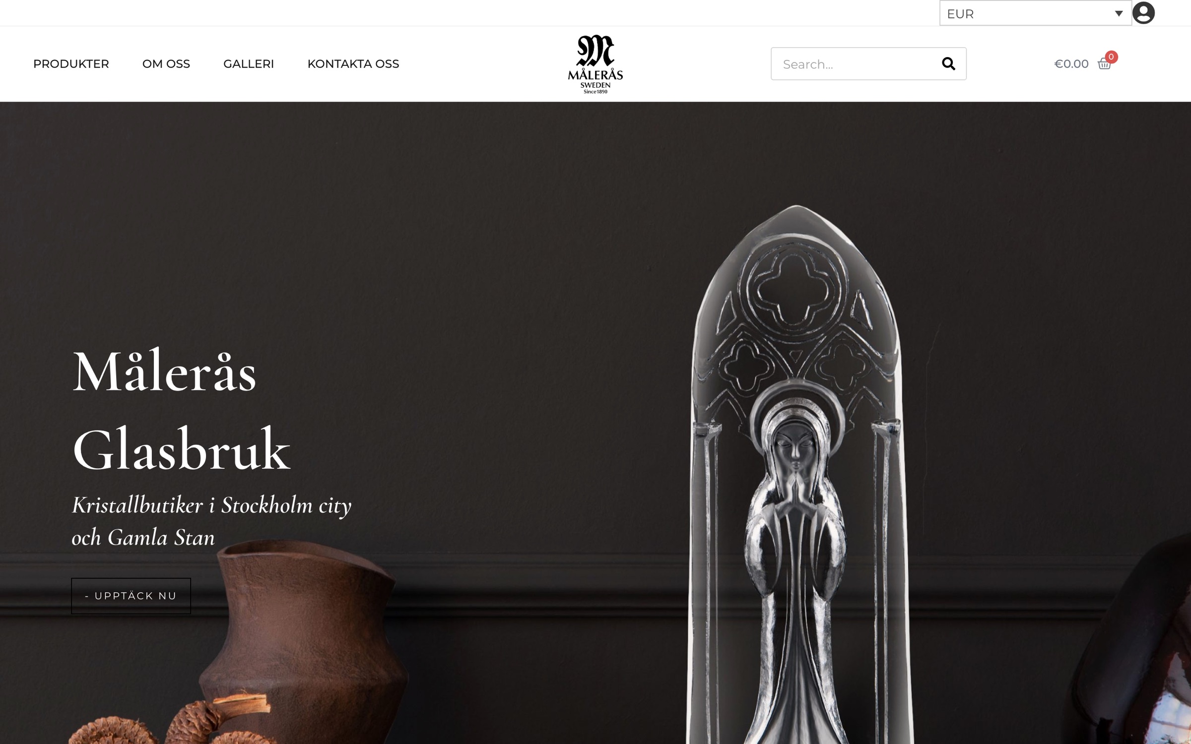 Målerås Stockholm home page in Swedish, showing a crystal Madonna sculpture