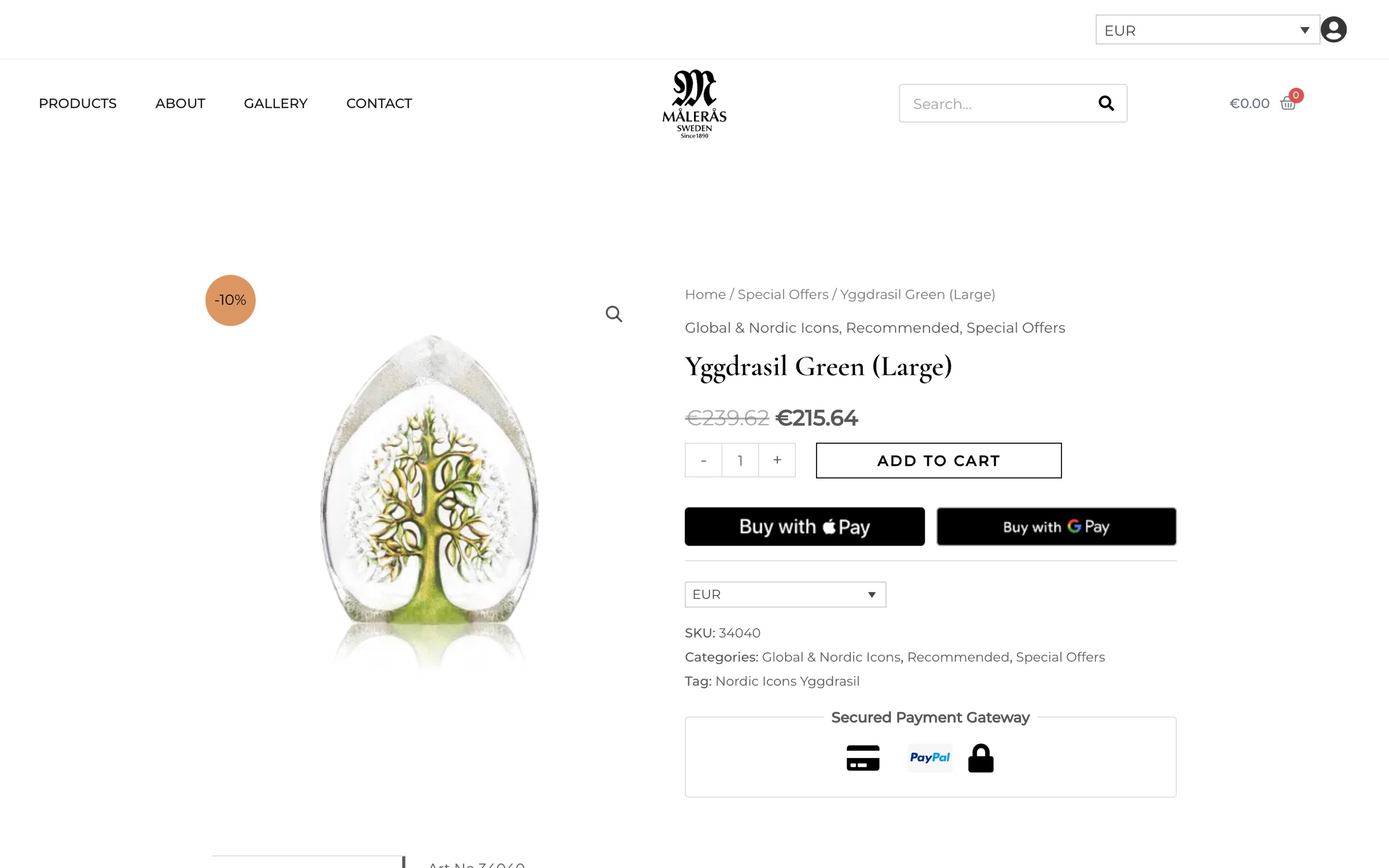 Product page for Yggdrasil Green with price, currency selector, Apple Pay and Google Pay.