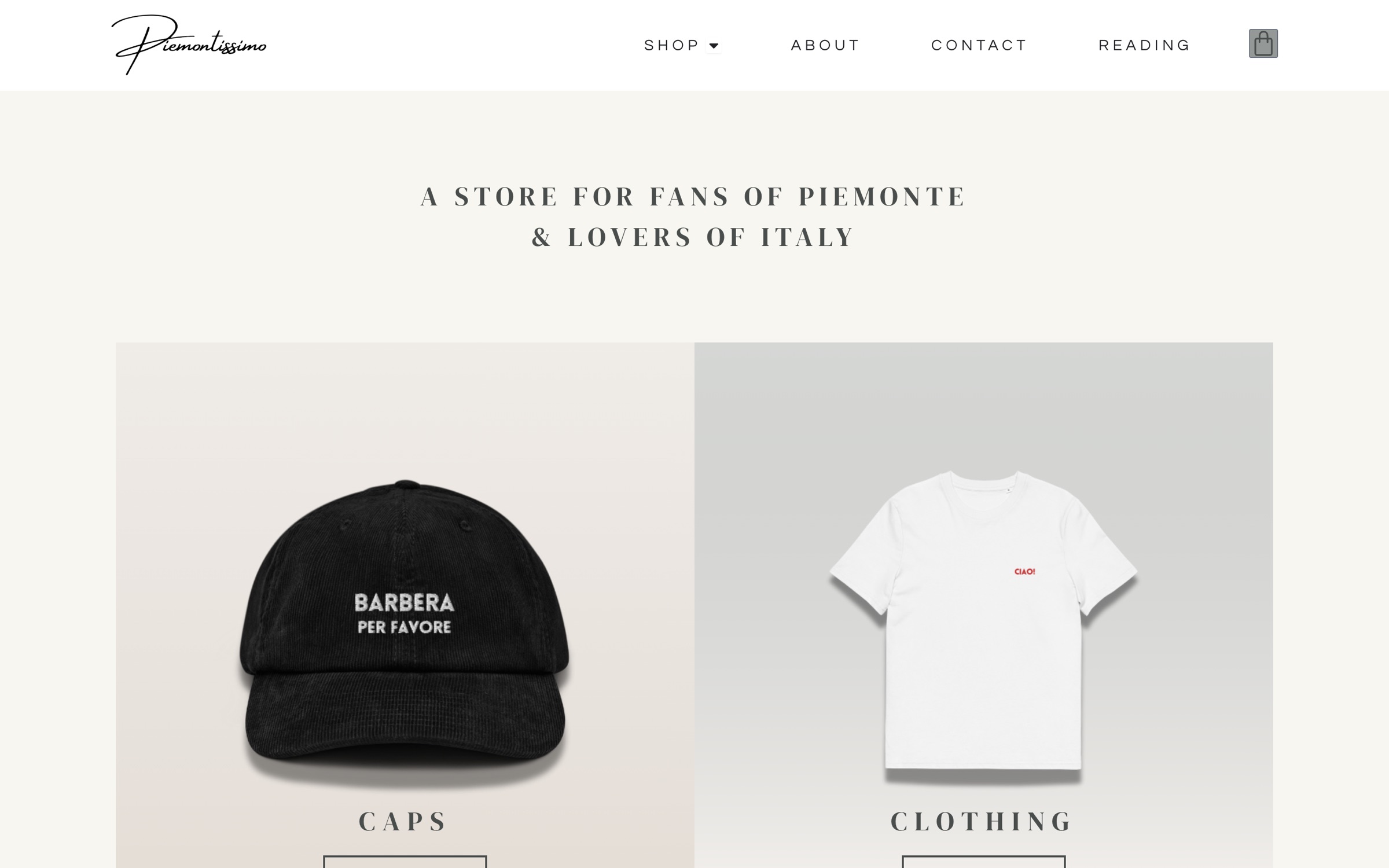 Piemontissimo home page with caps and clothing for lovers of Piemonte