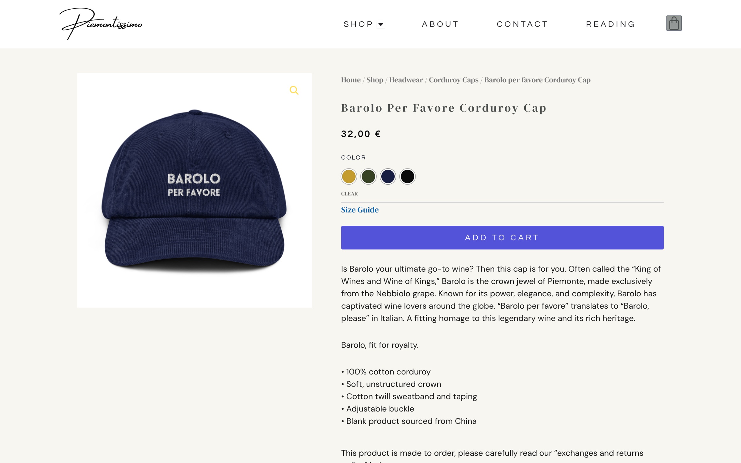 Product page for the Barolo per favore corduroy cap, with colour options and the story behind the name.