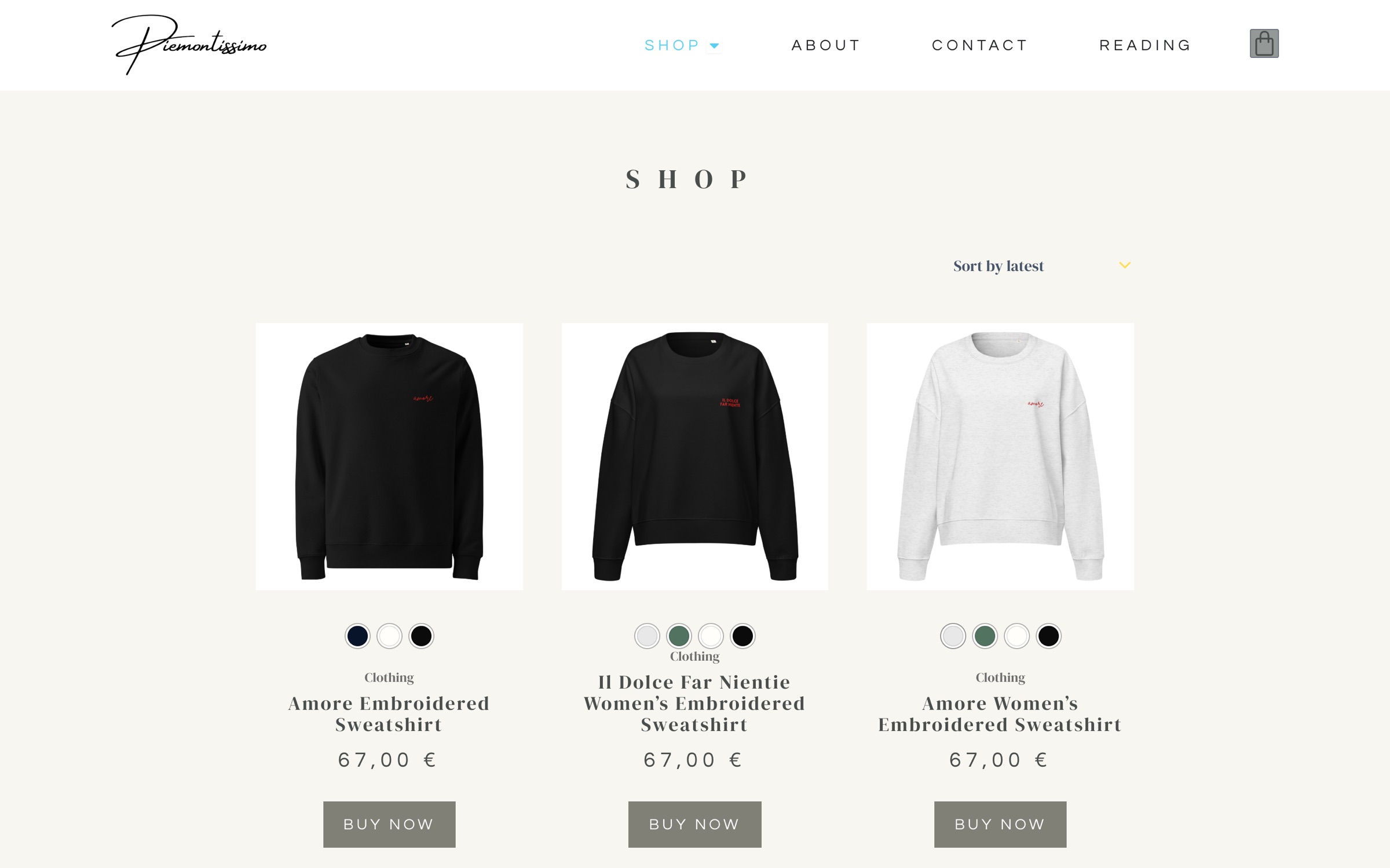 The shop page with caps, sweatshirts, t-shirts, prints and tote bags.